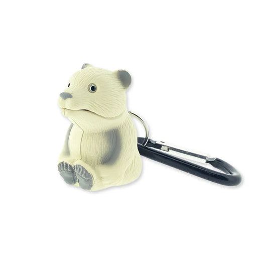 Mini bear-shaped flashlight with black carabiner attached to the back against a white background. 