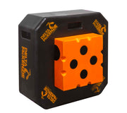 Black square target with orange in the center with four black dots on it against a large background. 
