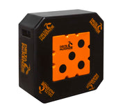 Black and orange square-octagonal shaped target with orange center and black dots with Delta McKenzie logo against a white background. 