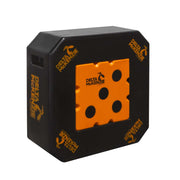 A Delta McKenzie target in black and orange, featuring a triangular black body with a central orange square with circular black target spots, on a white background.
