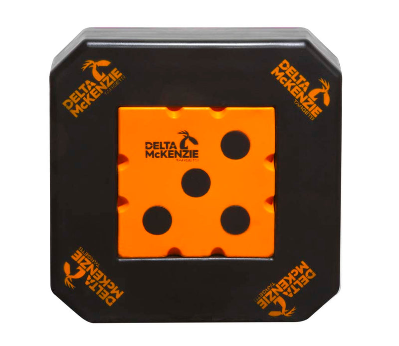 Square black target with orange center and Delta McKenzie logo on it against a white background. 