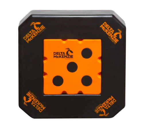Square black target with orange center and Delta McKenzie logo on it against a white background. 