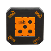 Delta McKenzie target with a black body and an orange center section featuring four circular target spots.