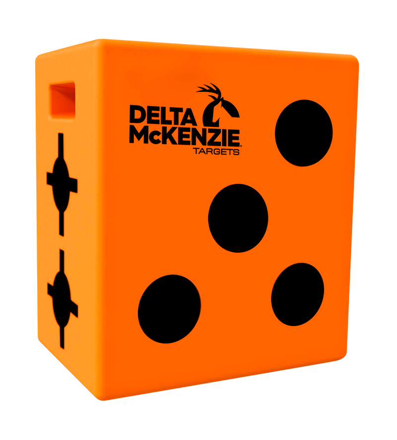 Orange target block with black circles and Delta McKenzie Targets logo on a white background