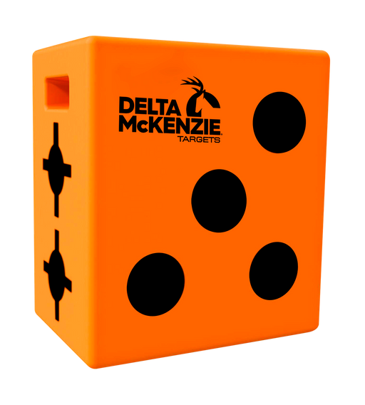 Orange target block with black circles and Delta McKenzie Targets logo on a white background