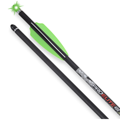 Two arrows with green fletching and black shafts on a white background