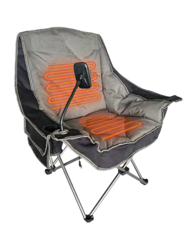 Folding scoop-style camp chair with illustration of the locations of the back and seat heating elements.