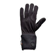 Black left hand glove against a white background. 