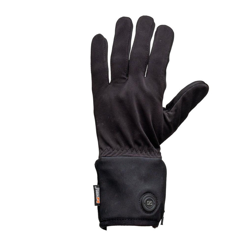 Black left hand glove against a white background. 