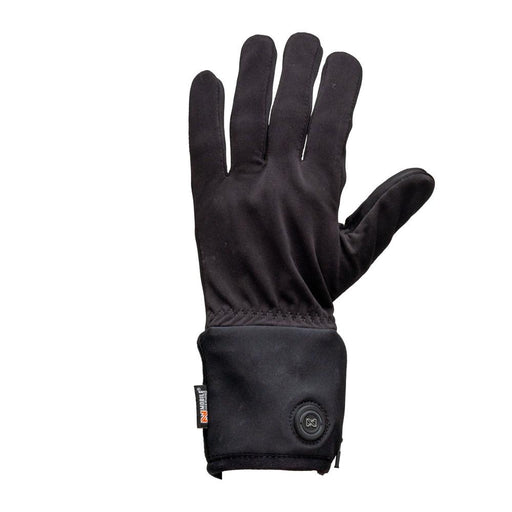 Black left hand glove against a white background. 