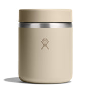 Beige thermos with silver lid on a white background