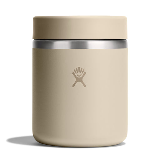 Beige thermos with silver lid on a white background
