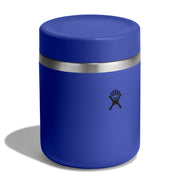 Blue thermos with silver band and logo on a white background