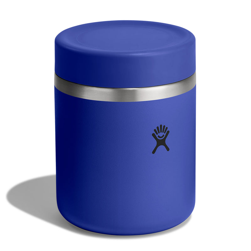 Blue thermos with silver band and logo on a white background
