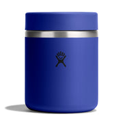 Blue thermos with silver lid on a white background