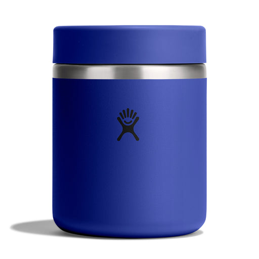 Blue thermos with silver lid on a white background