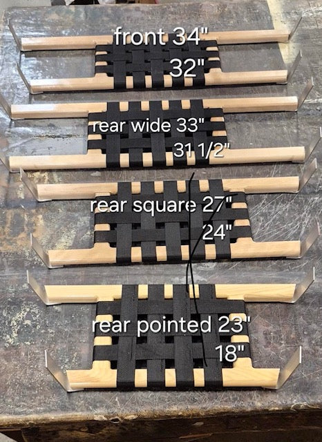 Set of webbed canoe seats with various measurements on a grey background.