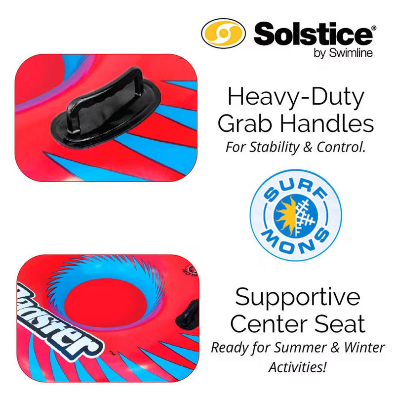 Close up images of a red inflatable tube with blue accents next to an infographic showcasing it's features and specs. 