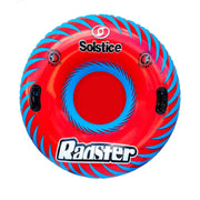 Red inflatable tube with blue accents and a Solstice logo on it against a white background. 