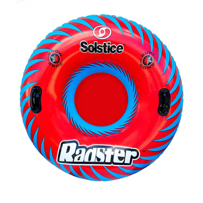 Red inflatable tube with blue accents and a Solstice logo on it against a white background. 