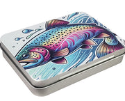 Tin fly box decorated with a rainbow trout graphic