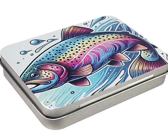 Tin fly box decorated with a rainbow trout graphic