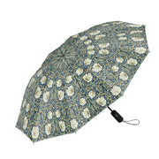 An open umbrella with a blue and green floral pattern on a white background