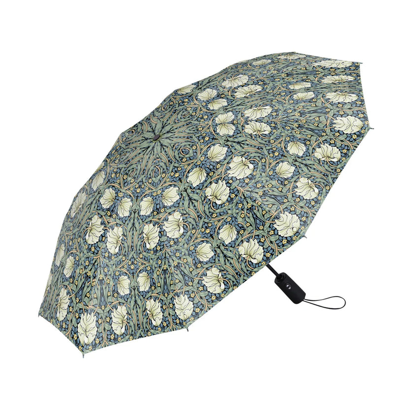 An open umbrella with a blue and green floral pattern on a white background