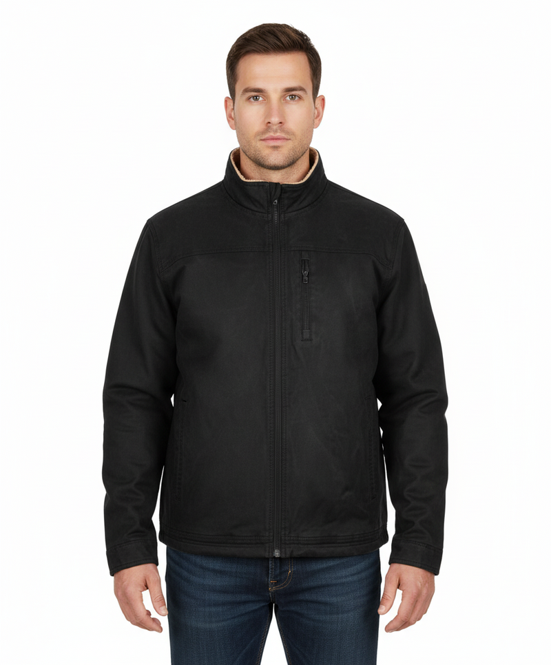 Black faux oilskin jacket worn by a man