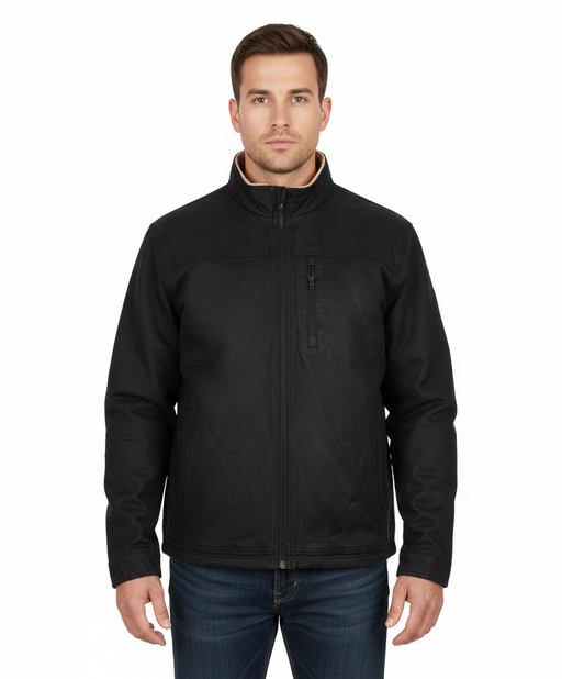 Black faux oilskin jacket worn by a man