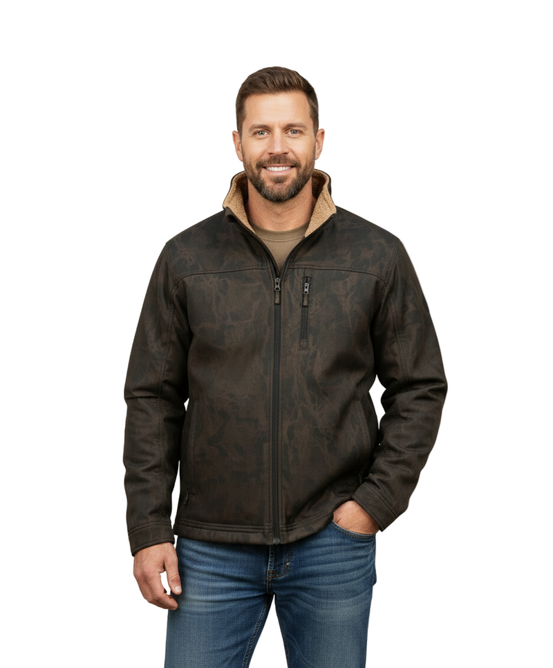 Man wearing a brown jacket with a white background