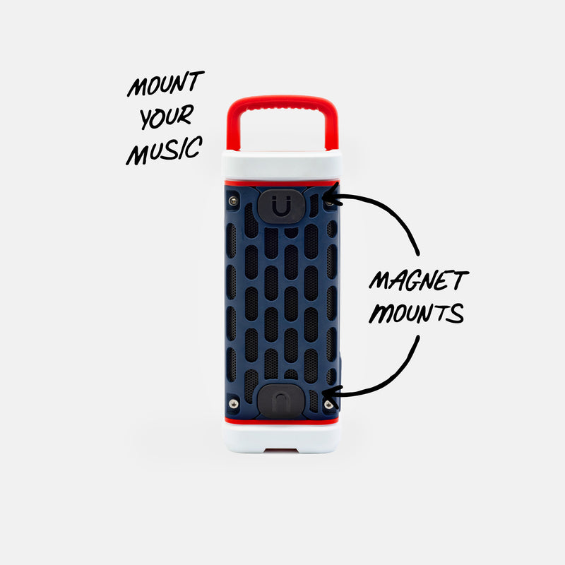 Portable speaker with magnet mounts on a white background