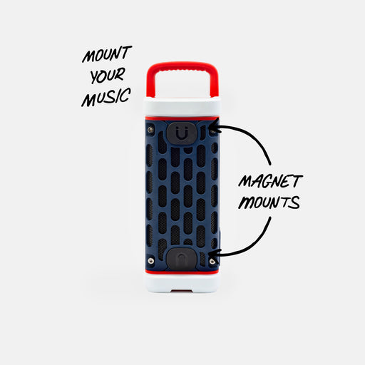 Portable speaker with magnet mounts on a white background