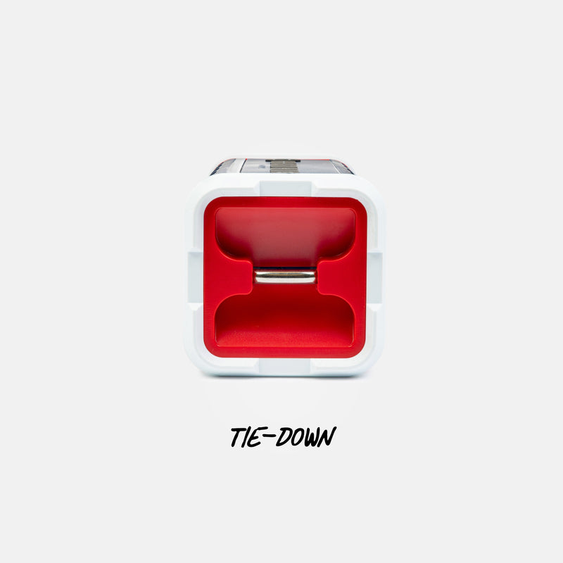 Red and white tie-down system on a white background with 'TIE-DOWN' text.
