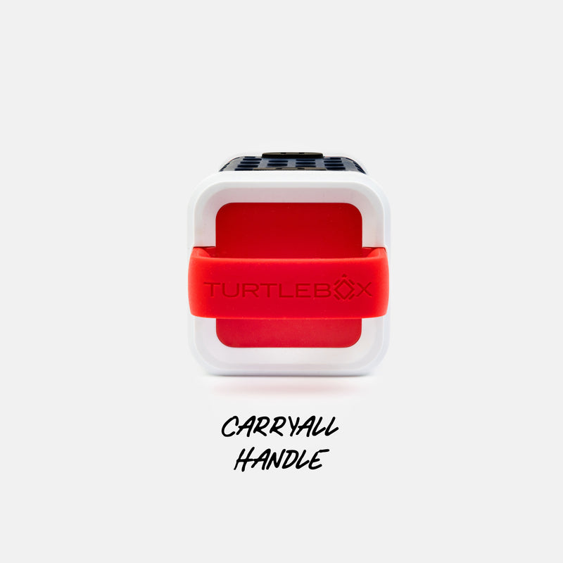 Red and white carrying handle with 'TurtleBox' branding on a white background