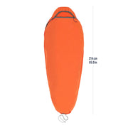 Orange sleeping bag with measurement details on a white background