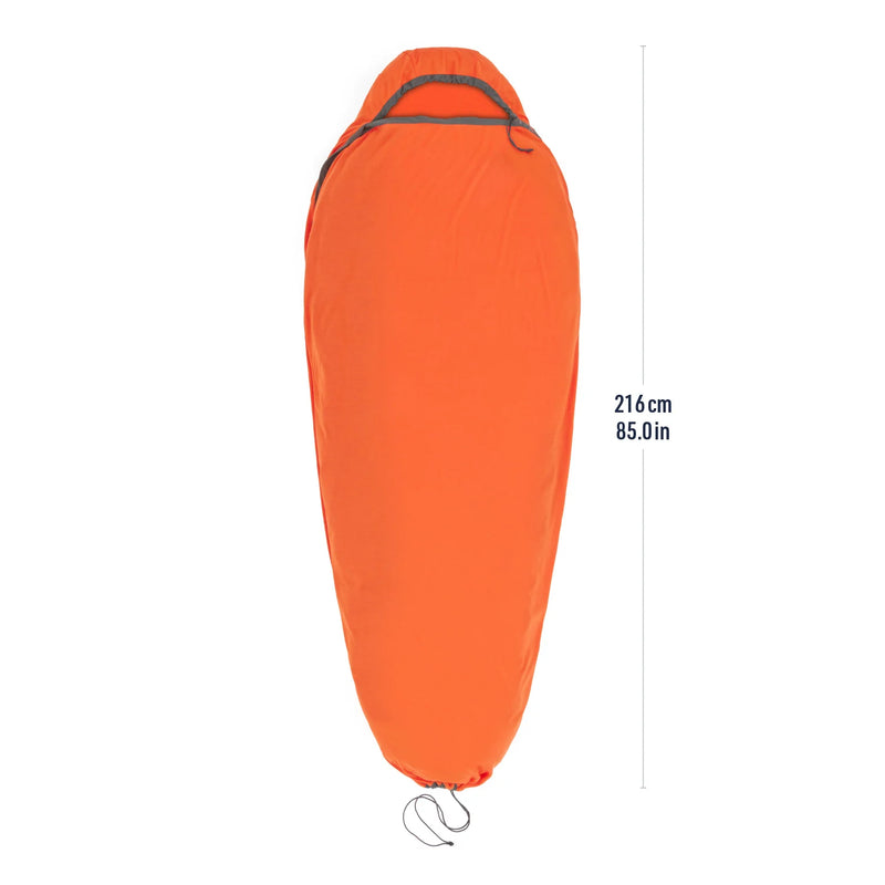 Orange sleeping bag with measurement details on a white background