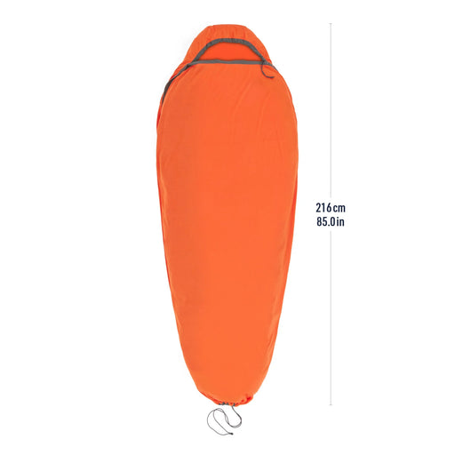 Orange sleeping bag with measurement details on a white background