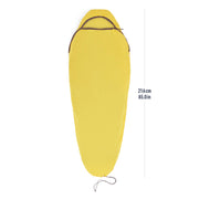 Yellow sleeping bag liner with measurements on a white background