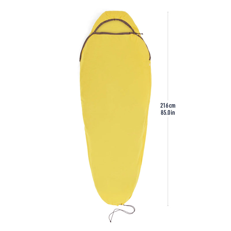 Yellow sleeping bag liner with measurements on a white background