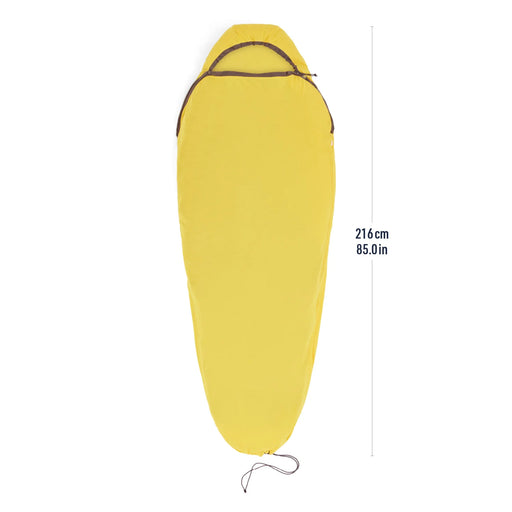 Yellow sleeping bag liner with measurements on a white background