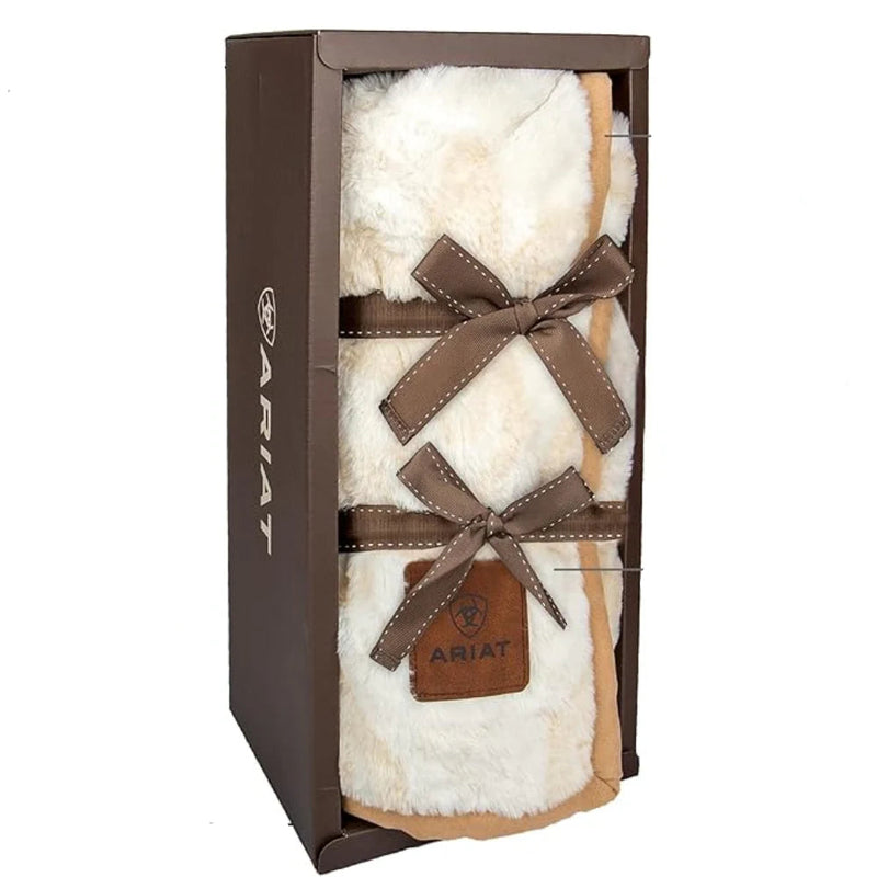 Product packaging with soft faux fur item and Ariat branding, featuring color swatches and text about product features.