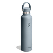 A Hydro Flask insulated water bottle in a matte slate blue-gray color, featuring a matching gray loop handle and a silver stainless steel collar, shown on a white background with a soft shadow.
