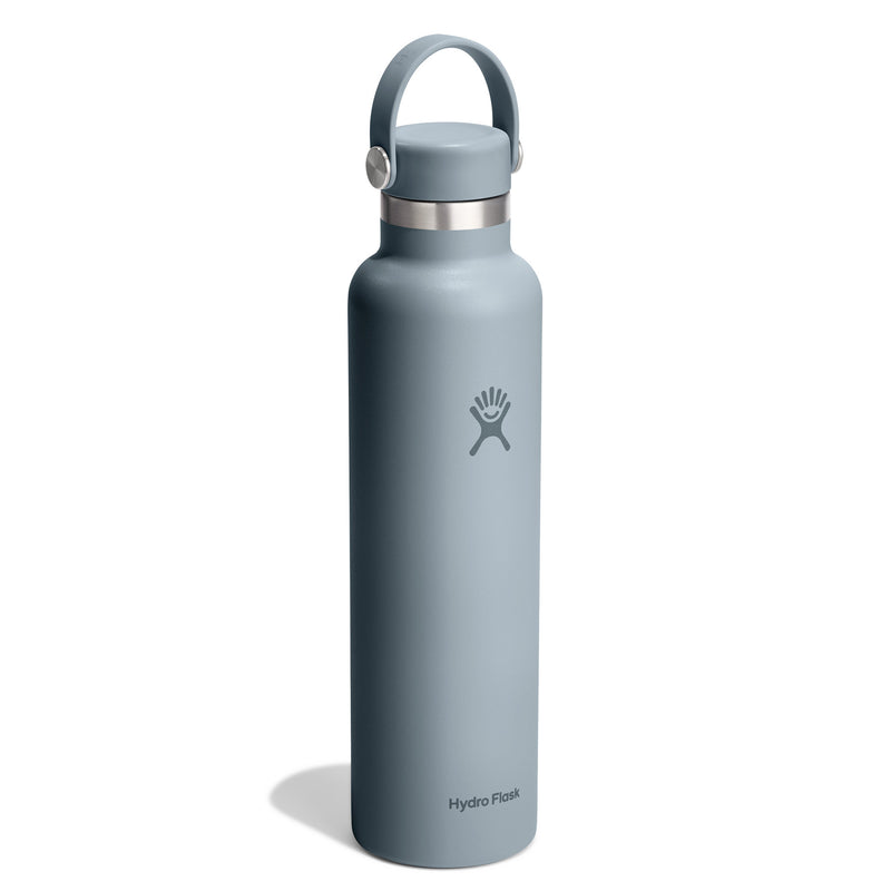 A Hydro Flask insulated water bottle in a matte slate blue-gray color, featuring a matching gray loop handle and a silver stainless steel collar, shown on a white background with a soft shadow.