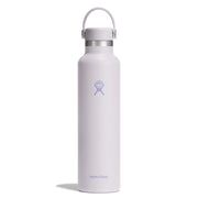 A Hydro Flask insulated water bottle in a very pale lavender or lilac color, featuring the signature purple Hydro Flask logo on the front and a matching carrying loop handle on top, set against a plain white background.