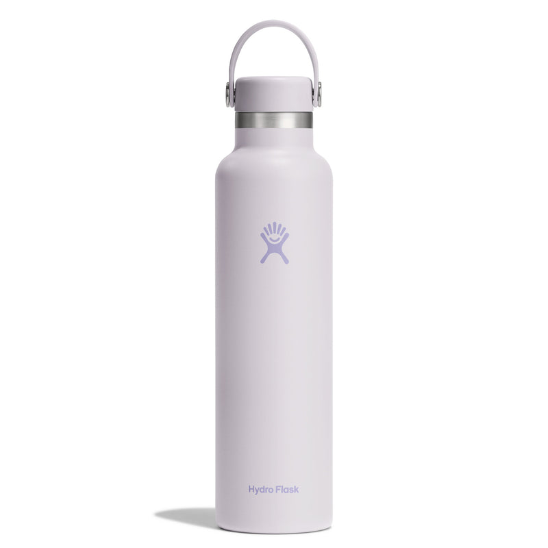 A Hydro Flask insulated water bottle in a very pale lavender or lilac color, featuring the signature purple Hydro Flask logo on the front and a matching carrying loop handle on top, set against a plain white background.