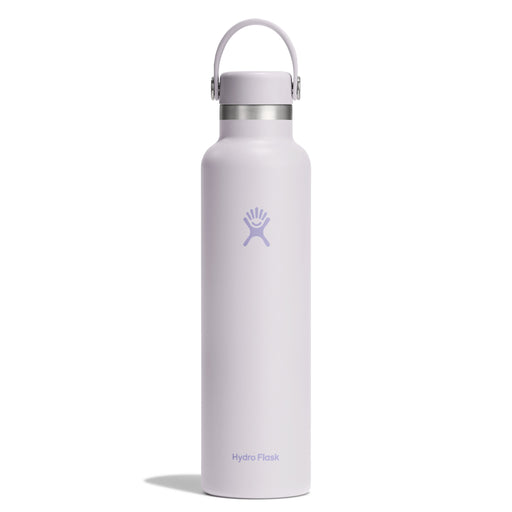 A Hydro Flask insulated water bottle in a very pale lavender or lilac color, featuring the signature purple Hydro Flask logo on the front and a matching carrying loop handle on top, set against a plain white background.