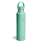 Mint green water bottle with a silver cap on a white background