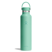 Mint green water bottle with a silver cap on a white background