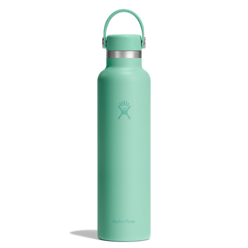 Mint green water bottle with a silver cap on a white background
